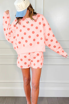 Beige Polka Dot Print Drop Shoulder Pullover Drawstring Shorts Set