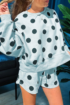 Beige Polka Dot Print Drop Shoulder Pullover Drawstring Shorts Set